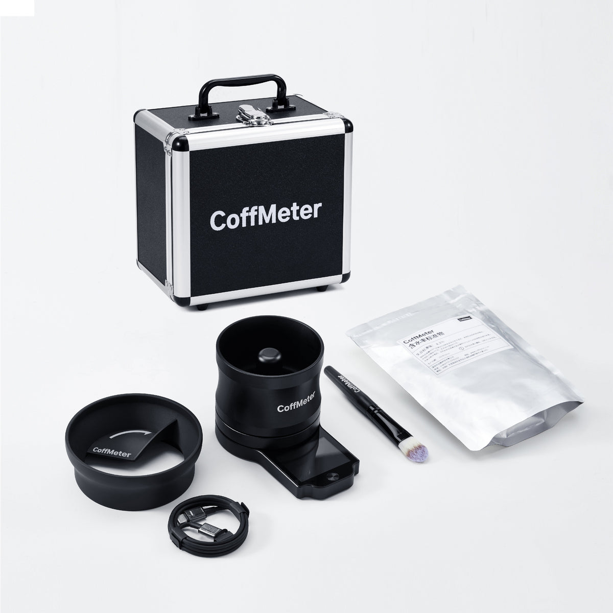 DiFluid CoffMeter M1 con su maletín, Bean Sweeper, muestra de calibración y accesorios